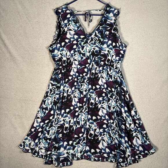 Torrid Womens Size 0 (L) Mini Ruffle Trim Dress Chiffon Floral Blue Swirl Ditsy - Picture 13 of 15